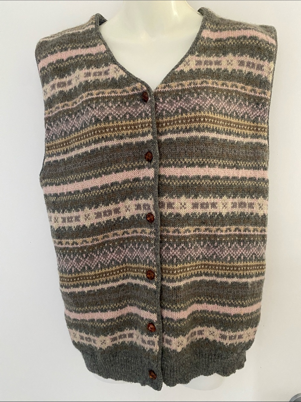 Jacob Jr. VTG WOOL Fair Isle Button-Front Vest in Gray/Pink/Olive Size X-Large